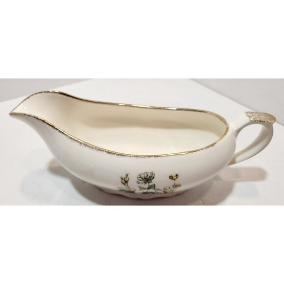 Vtg Royal Tudor Linda Pattern 22 KT Gold Trim Gravy Boat Floral Yellow and White - Picture 2 of 14